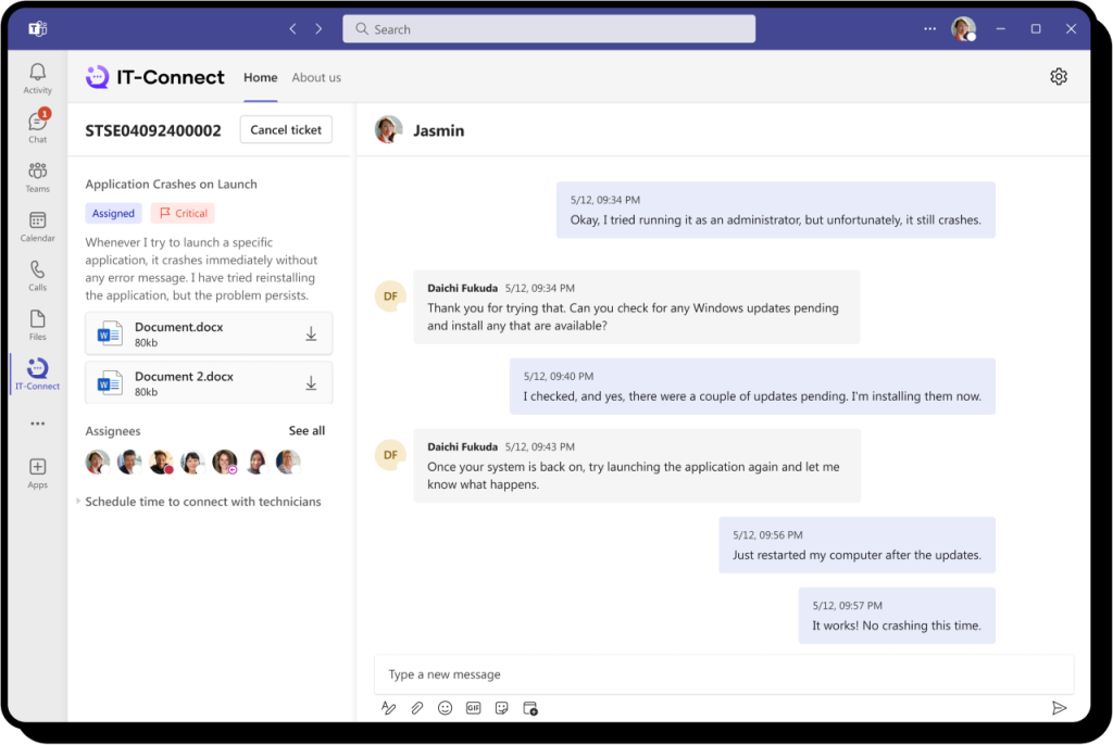 Though Microsoft Teams, IT-connect enables you to chat with your Techs