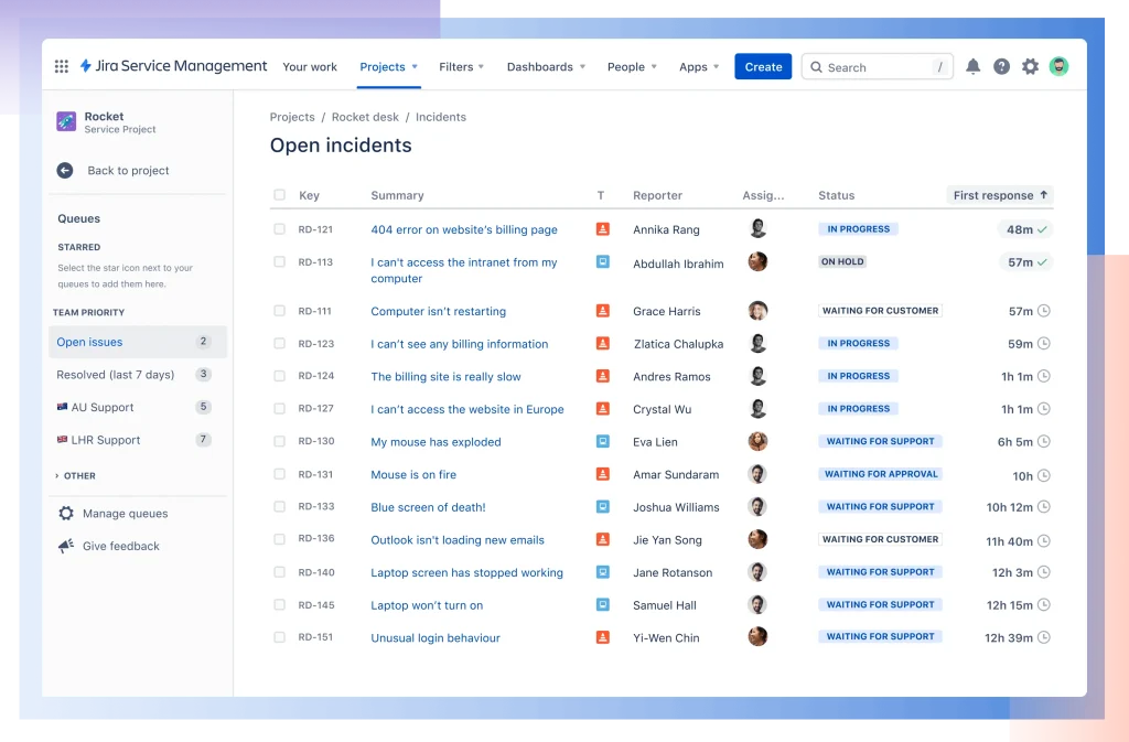 Screen of Jira Service Management Helpdesk Software