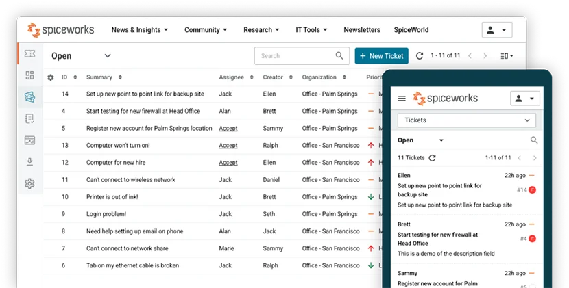 Screen of Spiceworks Helpdesk Software