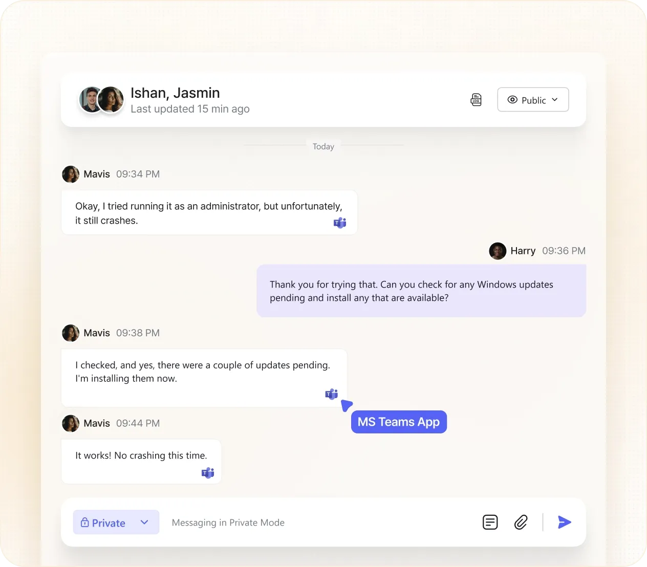 On the IT side, techs work from DeskDay’s unified service desk while conversations continue in Teams for users.